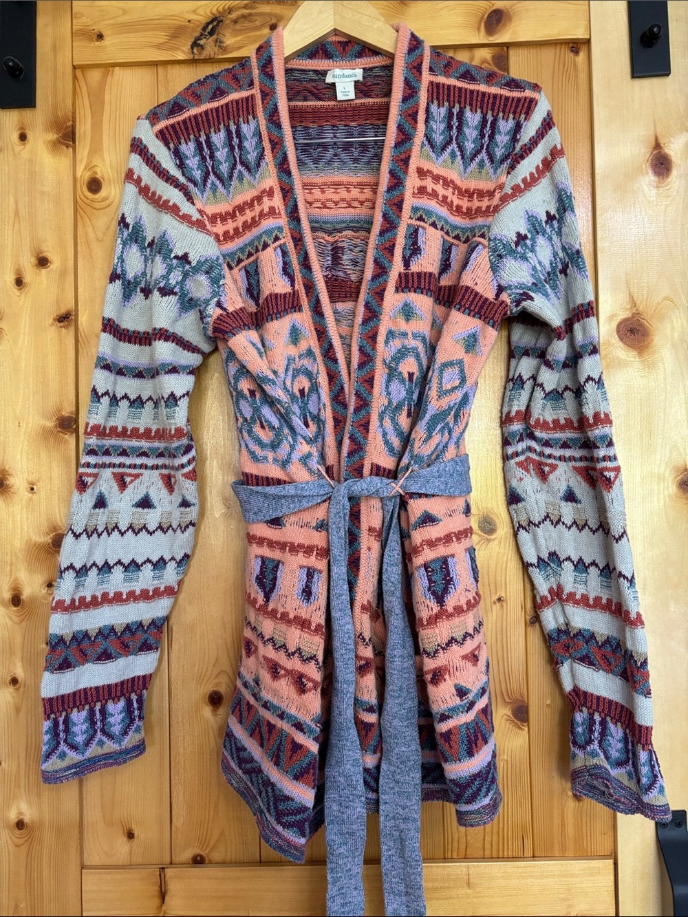 Sundance Cardigan Sweater Fair Isle Aztec Large Wrap Open Front Pockets Tie Long
